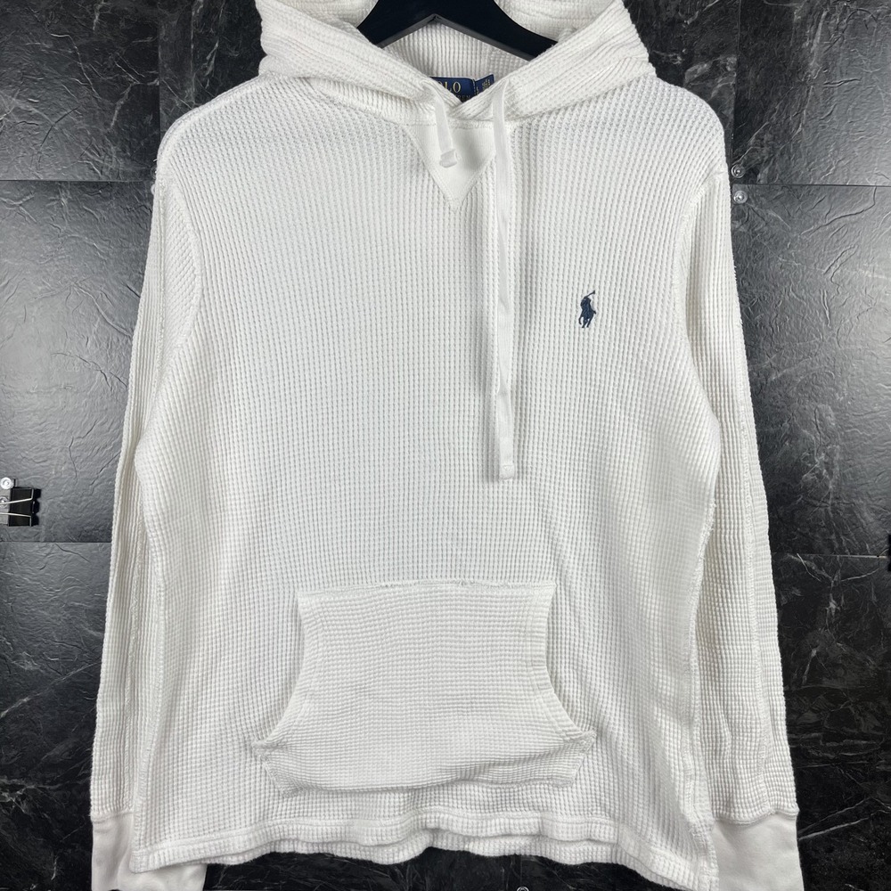 Polo Ralph Lauren Men's White Waffle Knit Thermal Hoodie Fits Medium